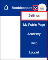 Bookkeeper profile drop-down with settings highlighted.