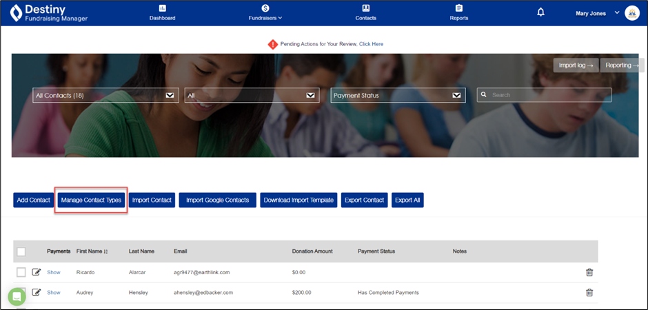 Manage contact types button highlighted.