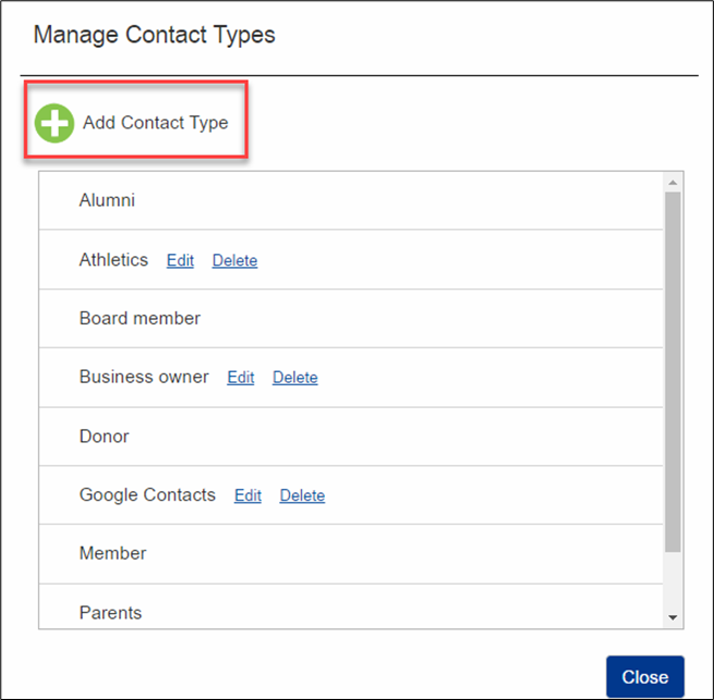 Manage contact types pop-up.