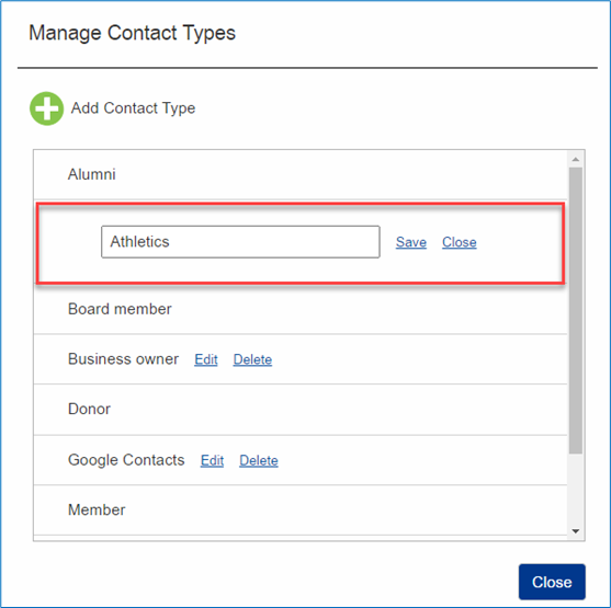 Edit contact type with type highlighted.