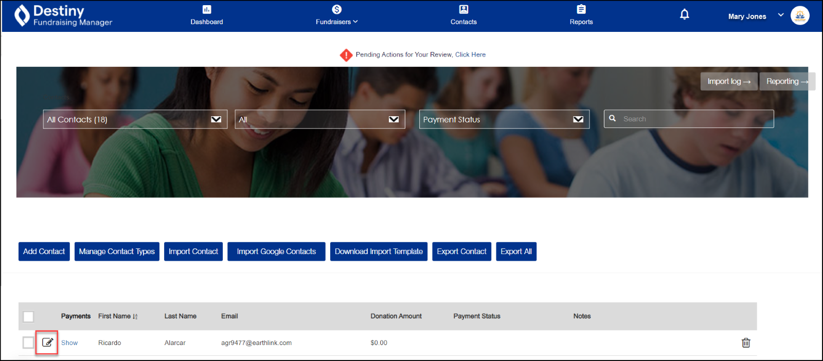 Edit icon highlighted on contact page.