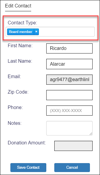 Edit contact page with contact type highlighted.