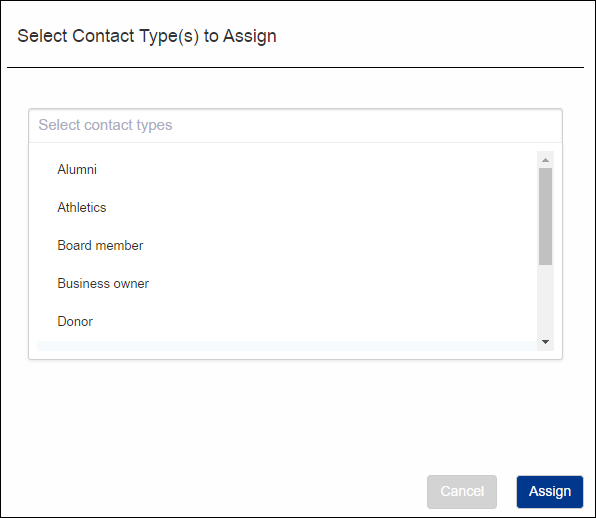 Select contact type to assign pop-up.